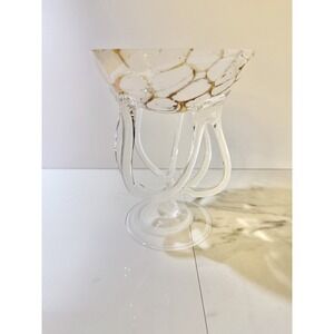 VTG Zorza Jellyfish Poland Art Glass Bowl Pedestal Compote Beige Brown White 7.5